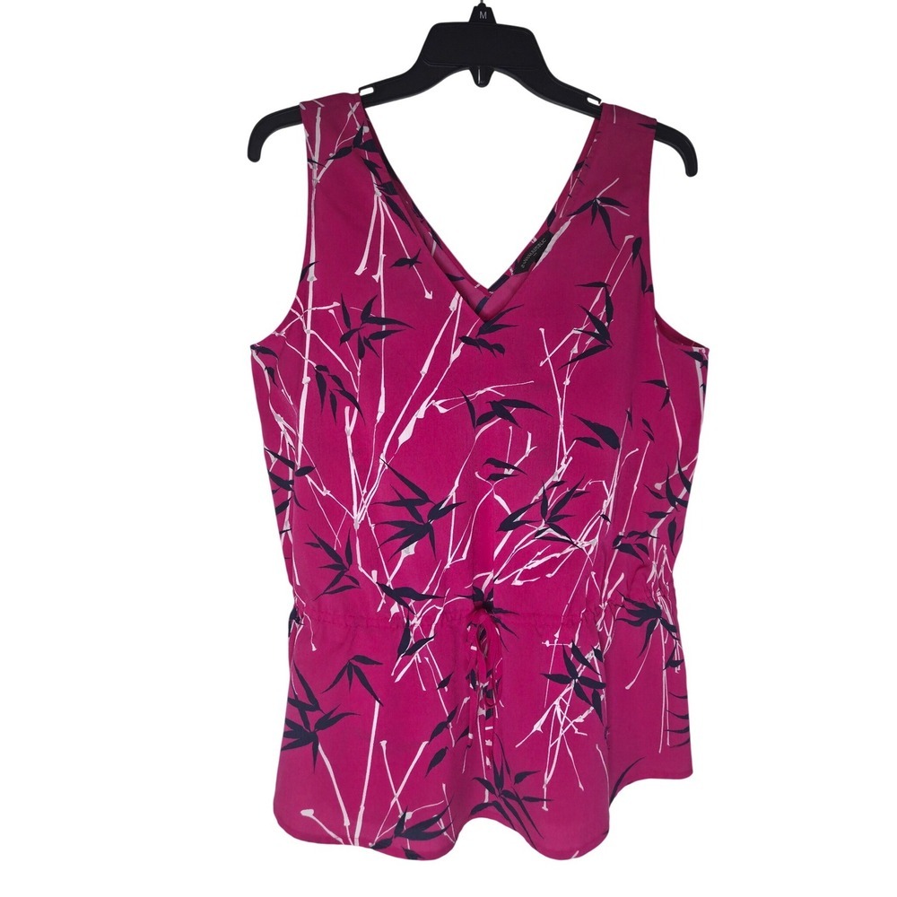 Banana Republic Pink Bamboo Print Sleeveless V-Neck Drawstring Waist Blouse M